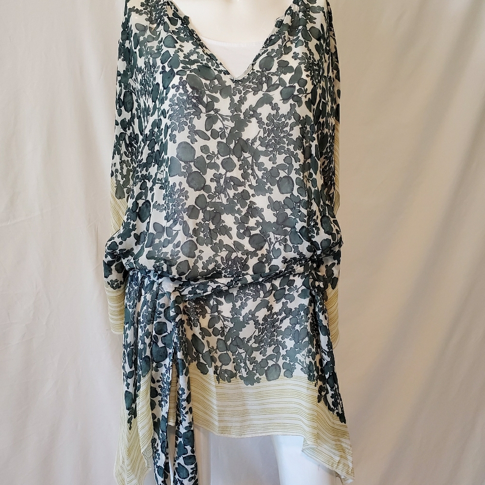 Tory Burch Floral Sheer Swim Coverup in Green and Cream